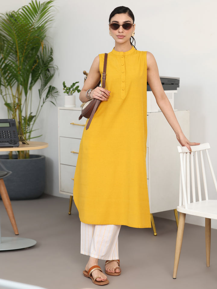 Mustard Solid Cotton Blend A-Line Kurta Set