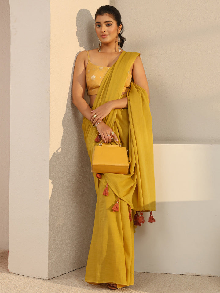 Mustard Solid Cotton Tassel Saree With Unstitched Blouse Piece
