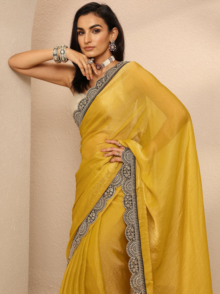 Mustard Solid Organza Saree With Unstitched Blouse Piece