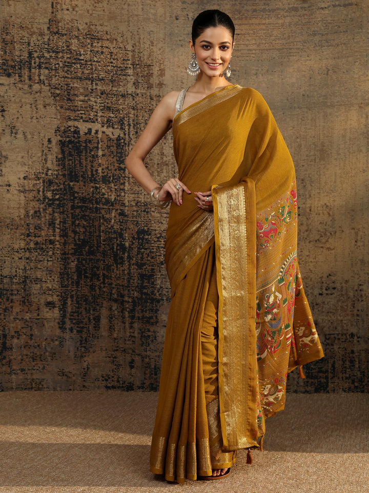 Mustard Solid Silk Blend Saree With Unstitched Blouse Piece