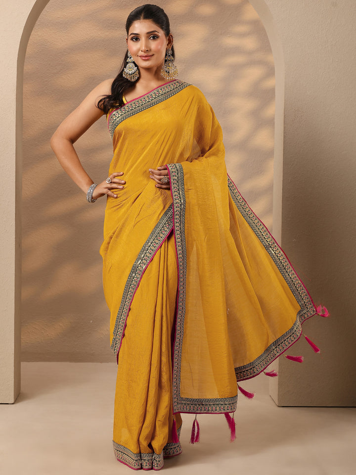 Mustard Solid Silk Blend Saree With Unstitched Blouse Piece