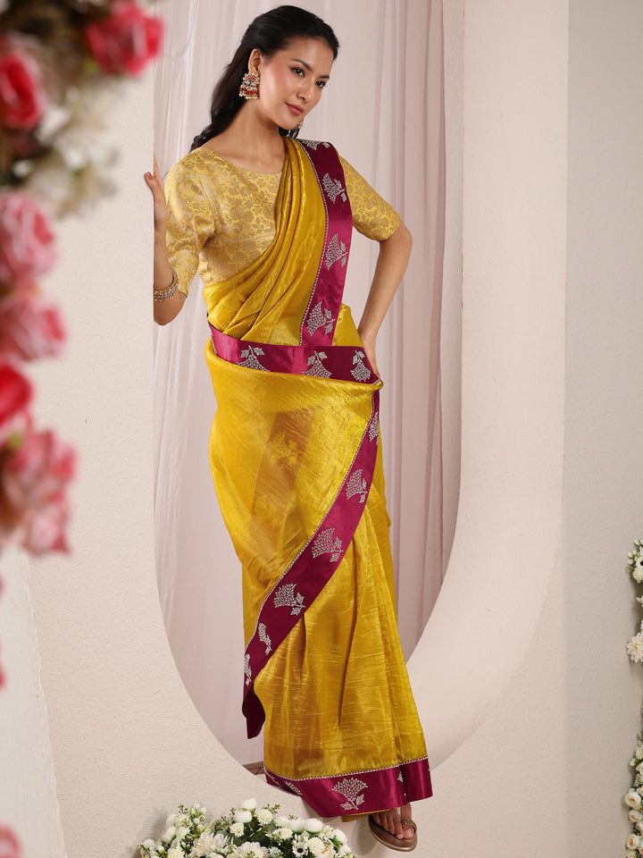 Mustard Solid Tissue Saree With Unstitched Blouse Piece