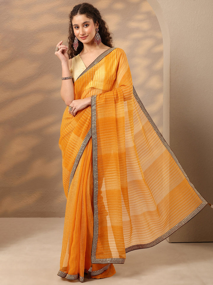 Mustard Striped Embellished Silk Blend Saree With Unstitched Blouse Piece