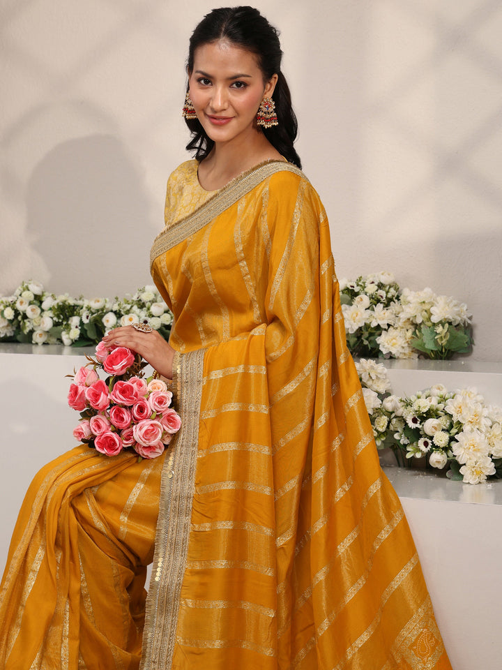 Mustard Striped Woven Design Chiffon Saree With Unstitched Blouse Piece