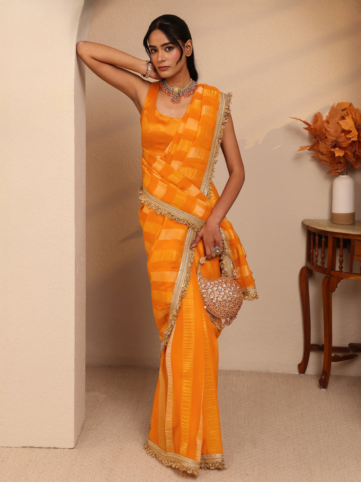 Libas Mustard Striped Woven Design Tissue Saree