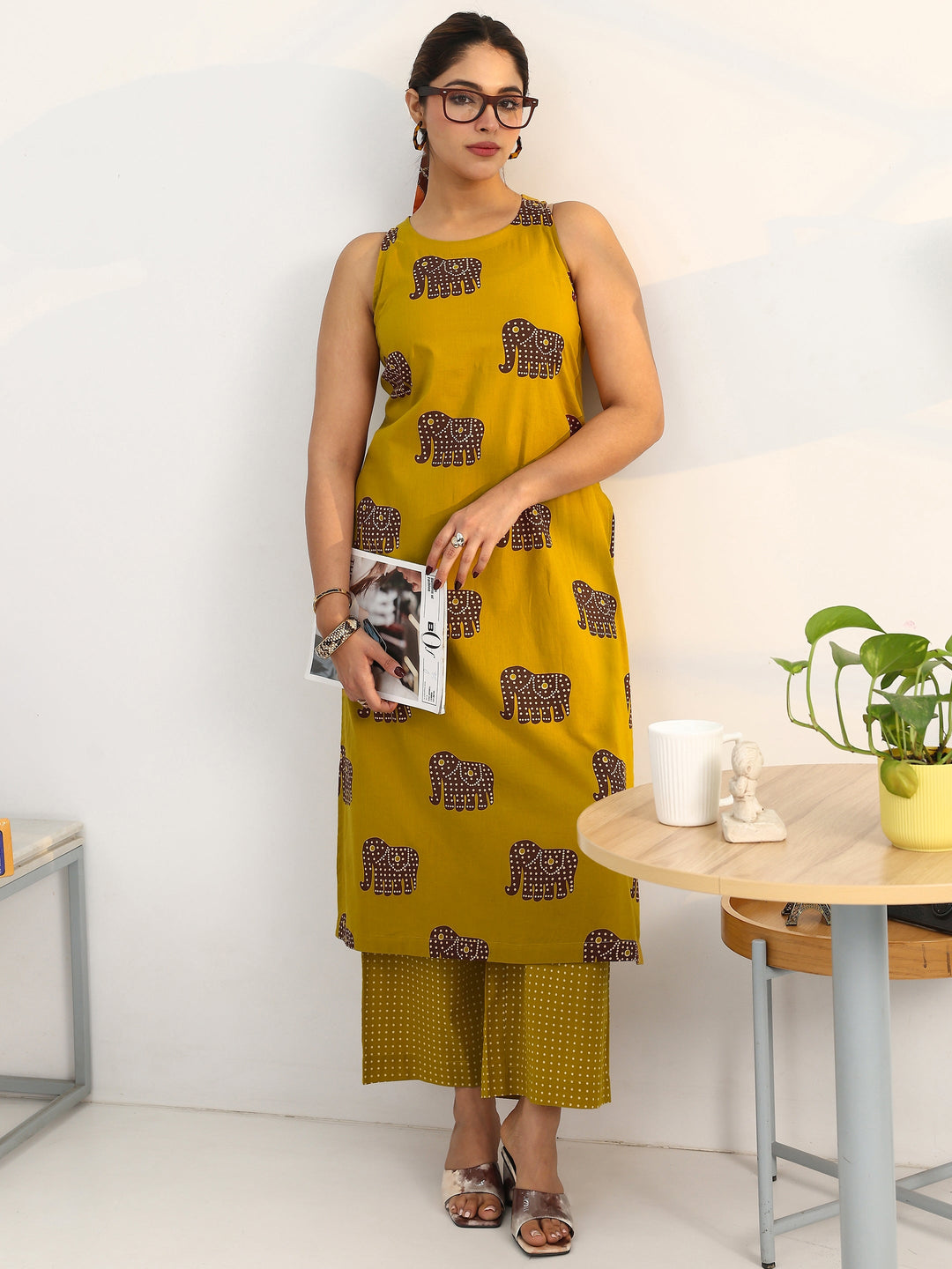 Mustard Tribal Printed Cotton Blend Straight Kurta Set