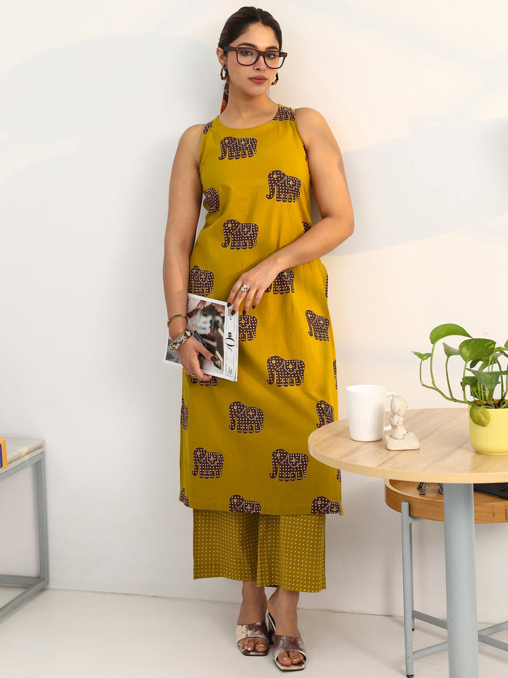 Mustard Tribal Printed Cotton Blend Straight Kurta Set