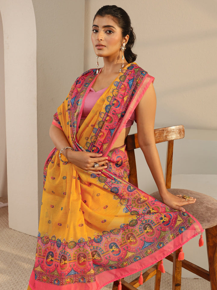 Mustard Tribal Printed Silk Blend Tassel Saree With Unstitched Blouse Piece