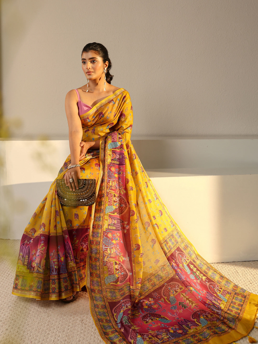 Mustard Tribal Printed Silk Blend Tassel Saree With Unstitched Blouse Piece