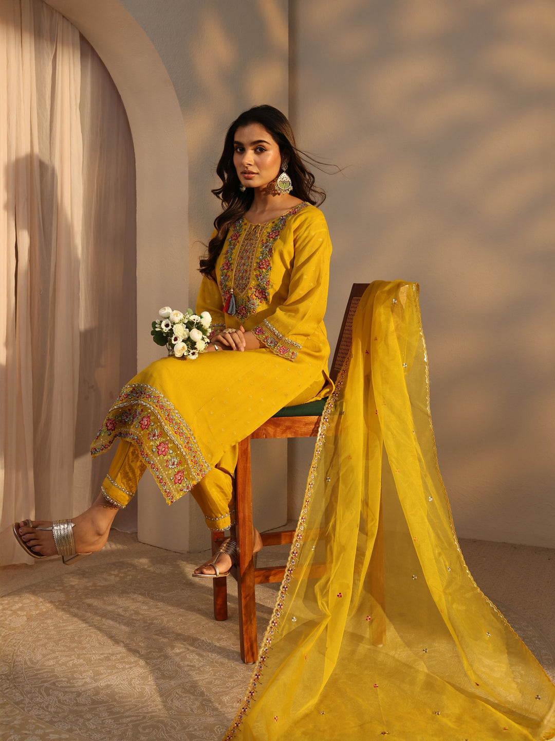 Mustard Woven Design Chanderi Cotton Straight Suits Set With Dupatta