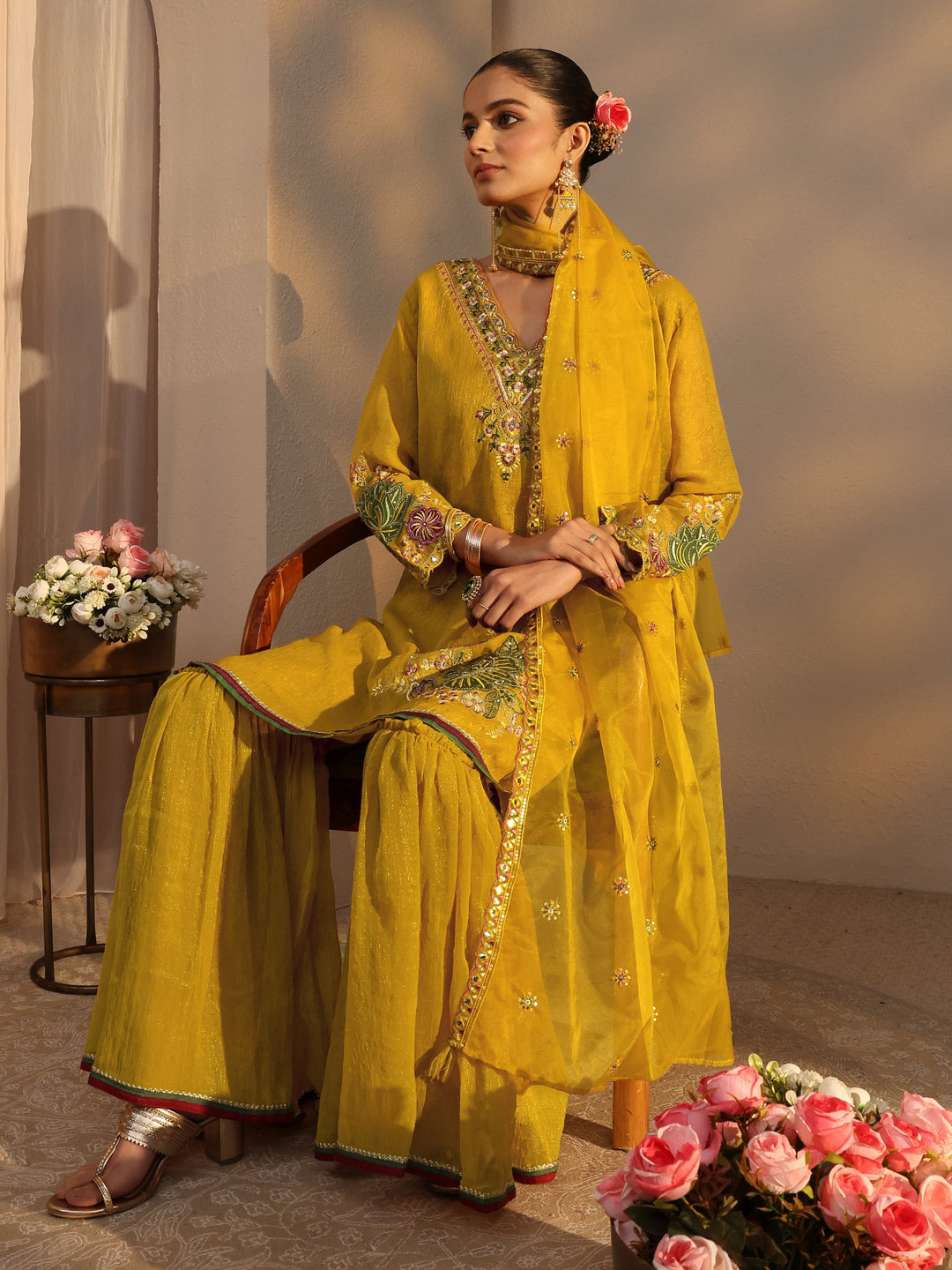 Mustard Woven Design Chiffon Straight Suits Set With Dupatta
