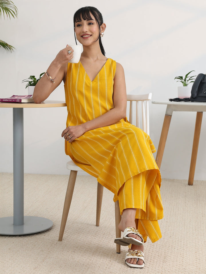 Mustard Woven Design Cotton Blend Straight Kurta Set