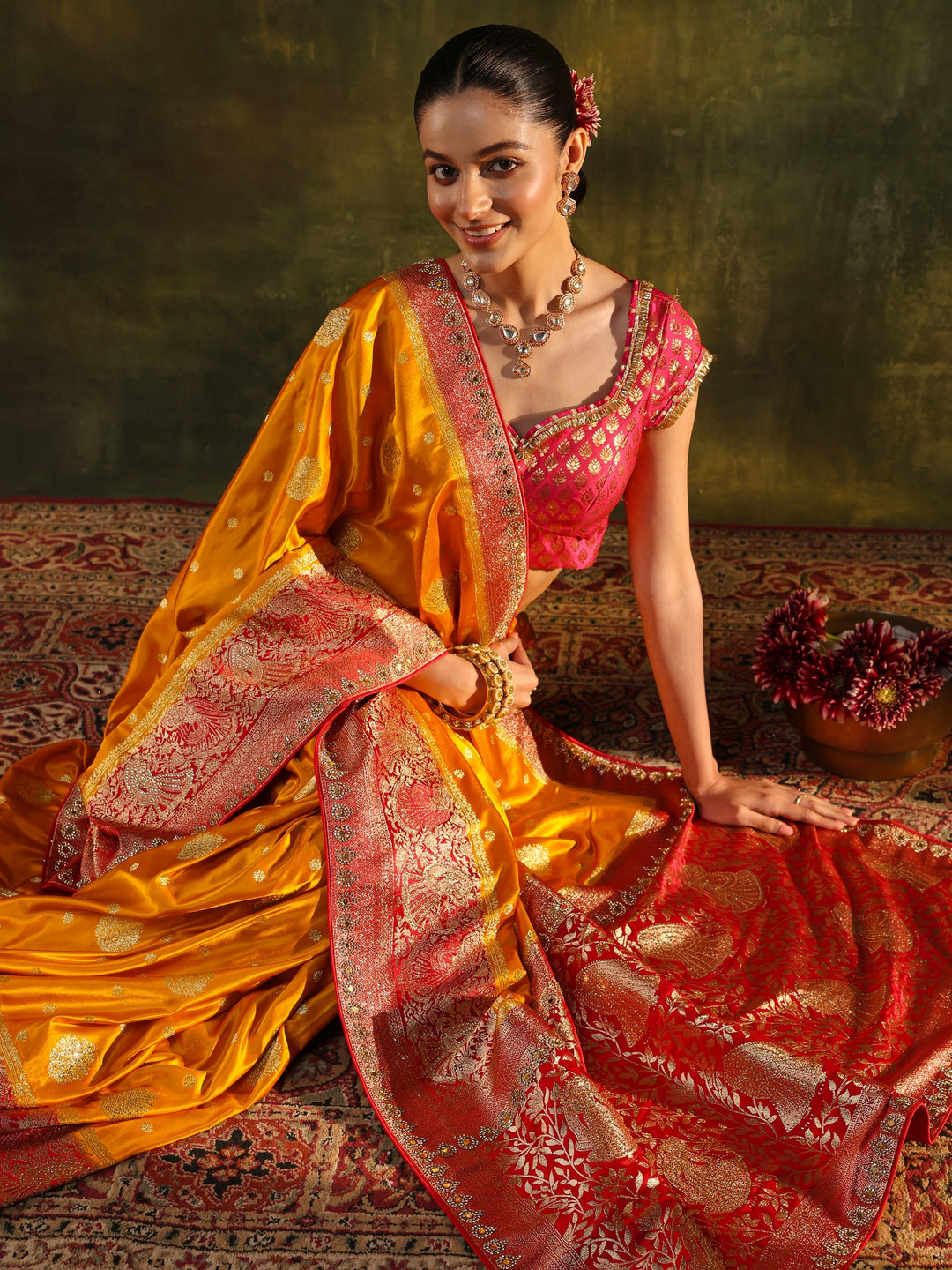 Libas Mustard Woven Design Satin Banarasi Saree With Unstitched Blouse Piece