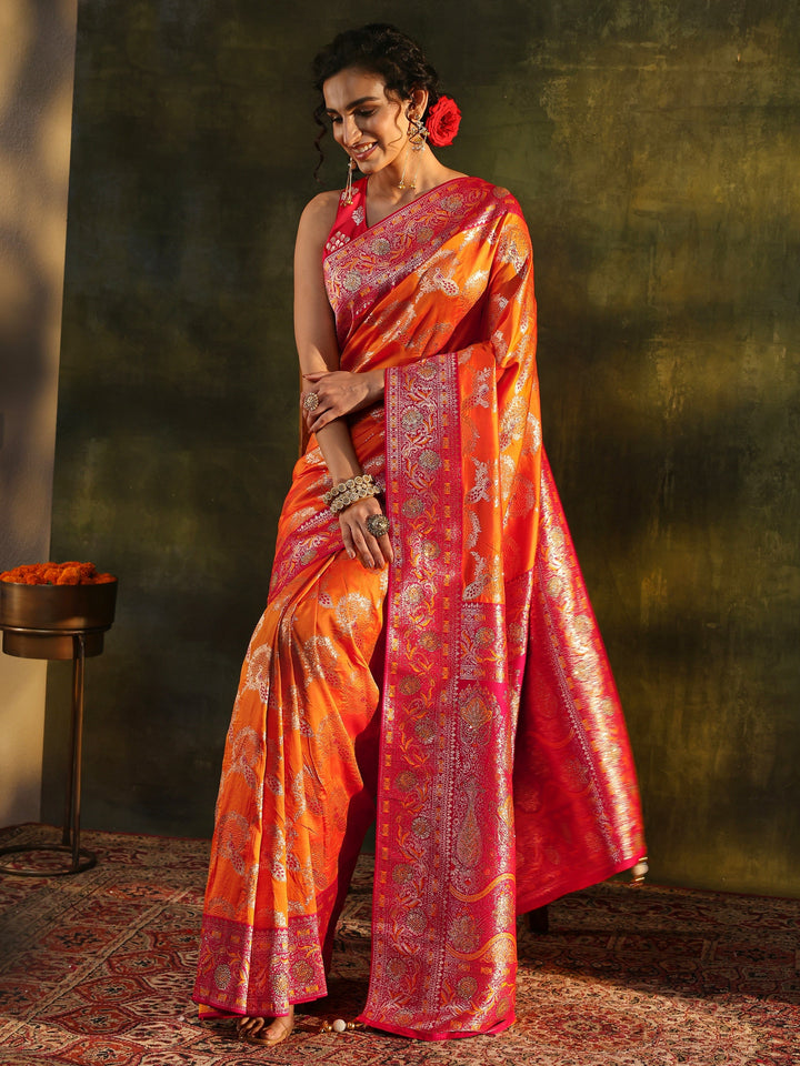 Libas Mustard Woven Design Silk Blend Banarasi Saree With Unstitched Blouse Piece