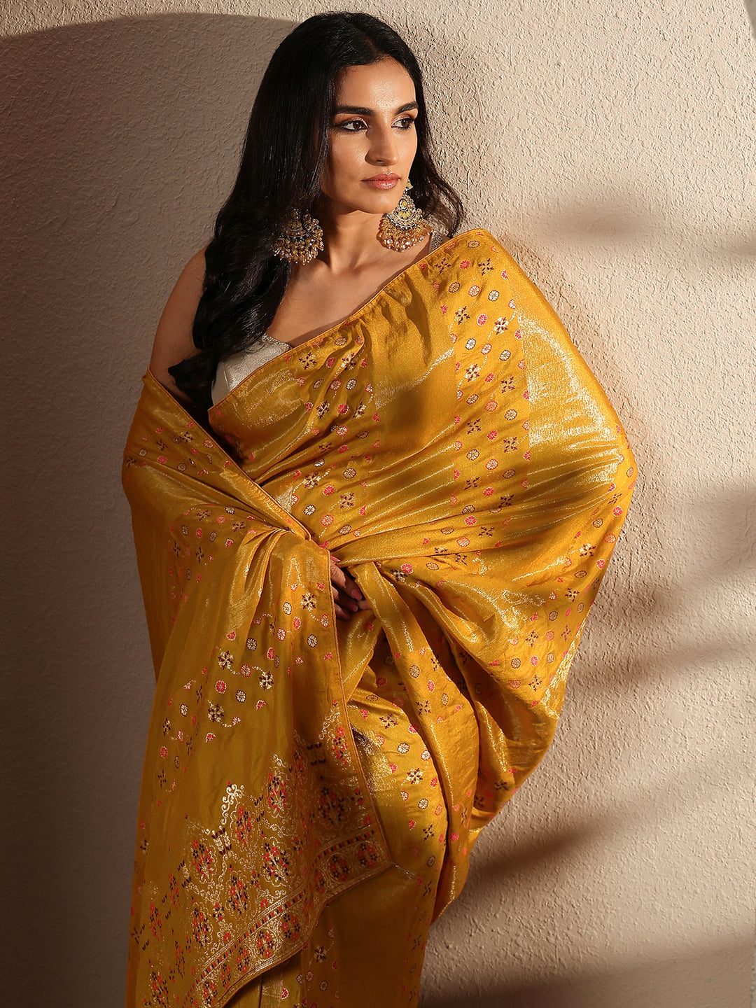 Mustard Woven Design Silk Blend Saree With Unstitched Blouse Piece