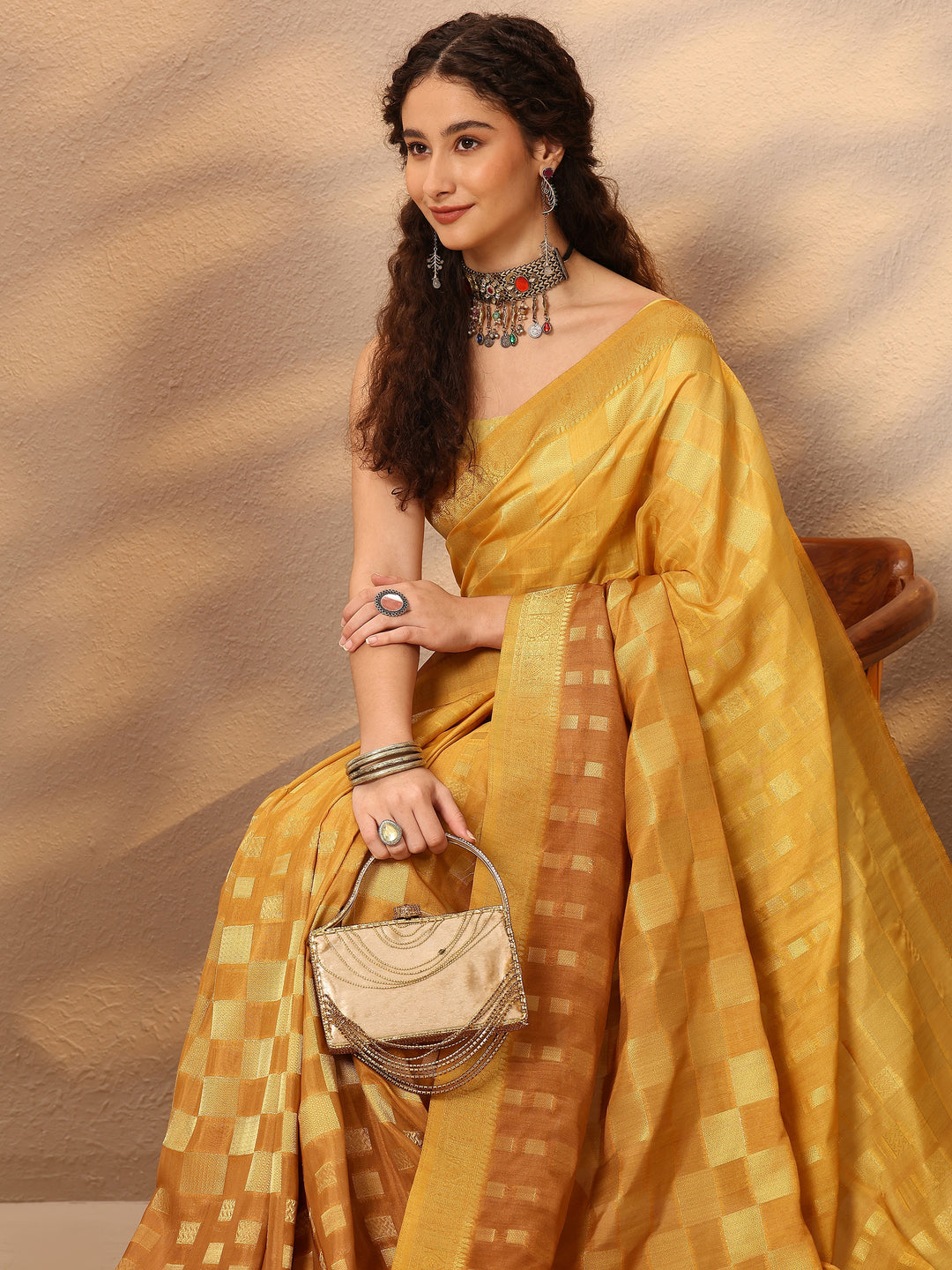 Mustard Woven Design Silk Blend Saree With Unstitched Blouse Piece