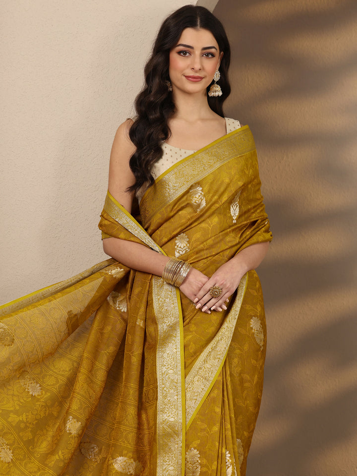 Mustard Woven Design Silk Blend Saree With Unstitched Blouse Piece