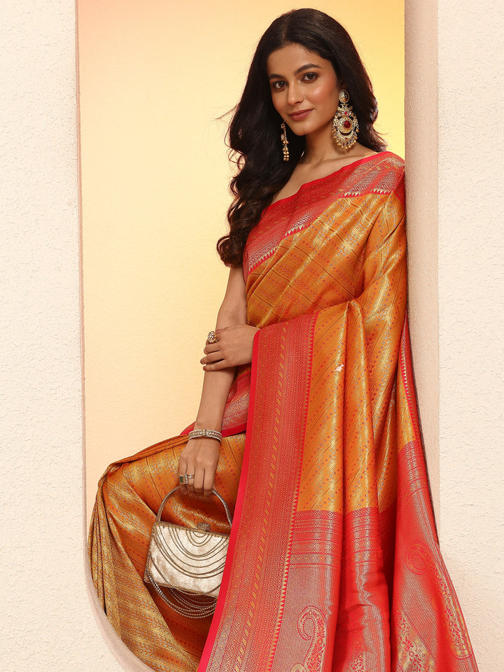 Mustard Woven Design Silk Blend Sarees With Unstitched Blouse Piece