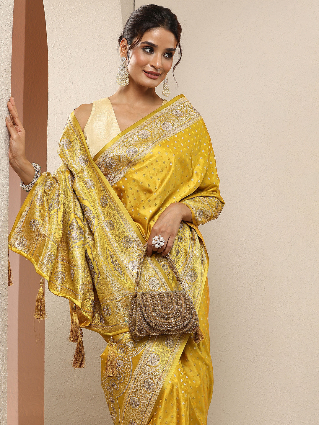 Mustard Woven Design Silk Blend Sarees With Unstitched Blouse Piece