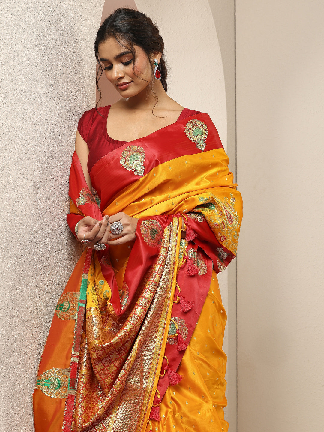Mustard Woven Design Silk Blend Sarees With Unstitched Blouse Piece