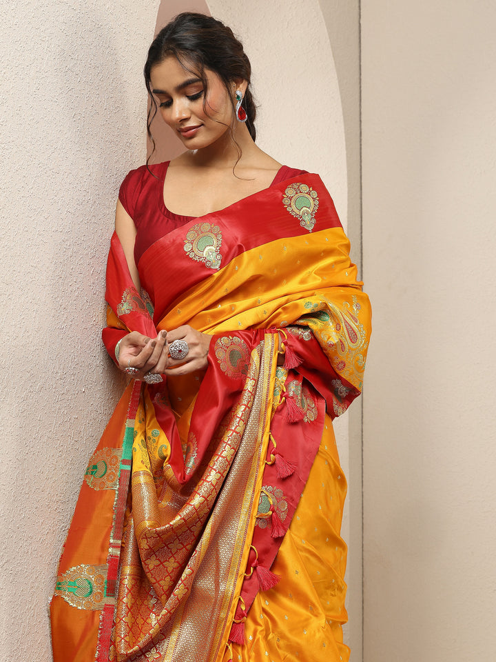 Mustard Woven Design Silk Blend Sarees With Unstitched Blouse Piece
