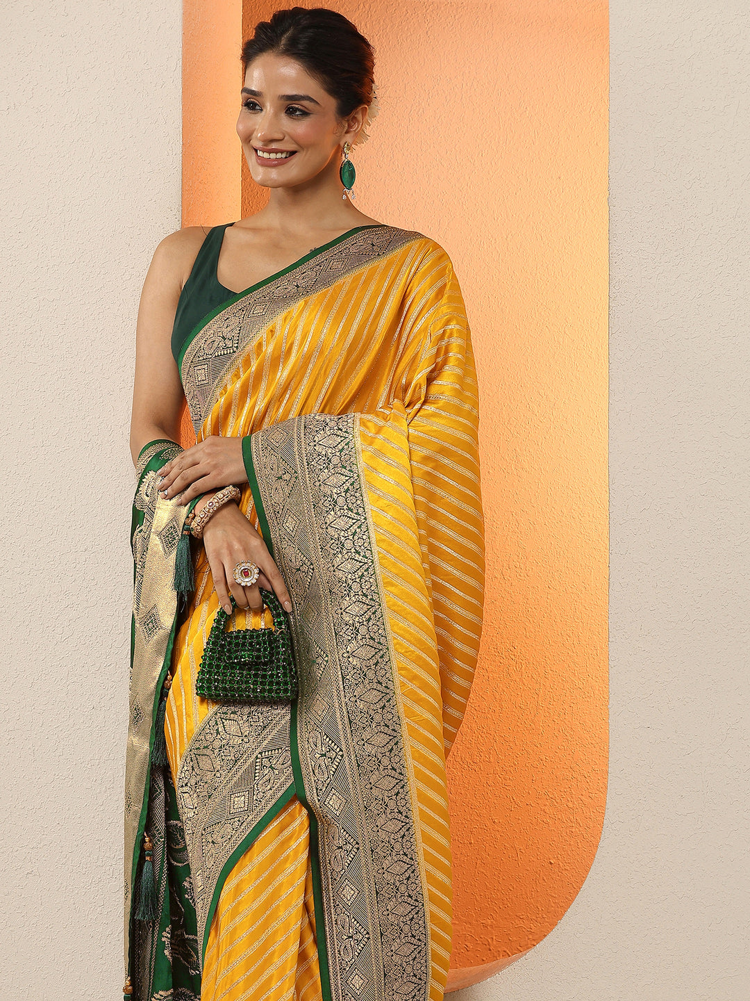 Mustard Woven Design Silk Blend Sarees With Unstitched Blouse Piece