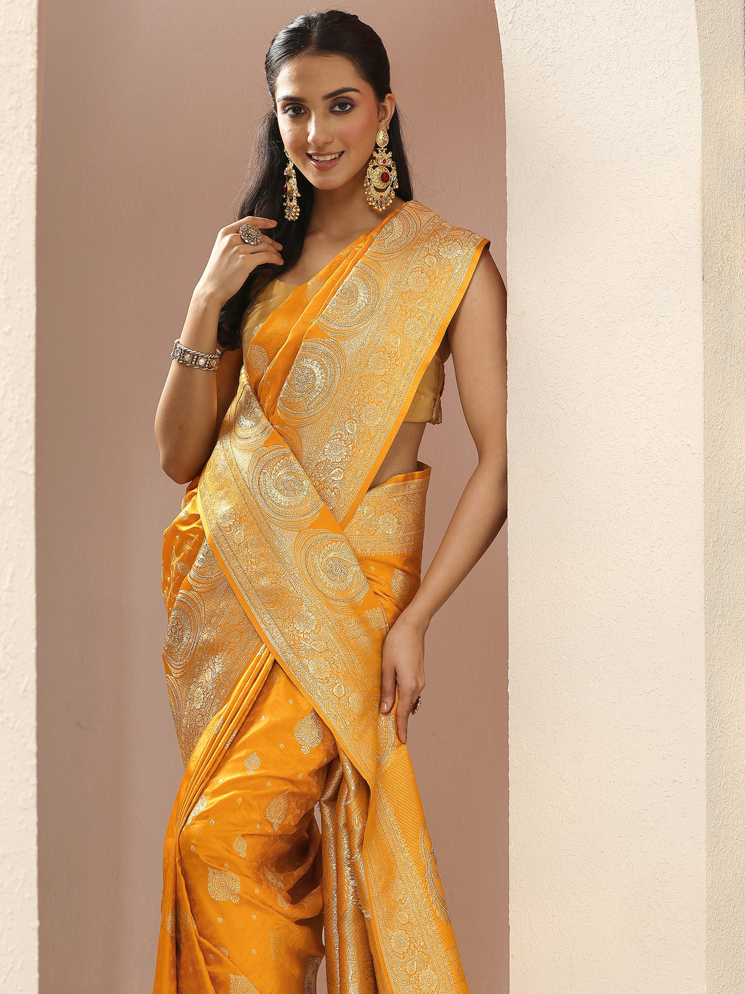 Mustard Woven Design Silk Blend Sarees With Unstitched Blouse Piece
