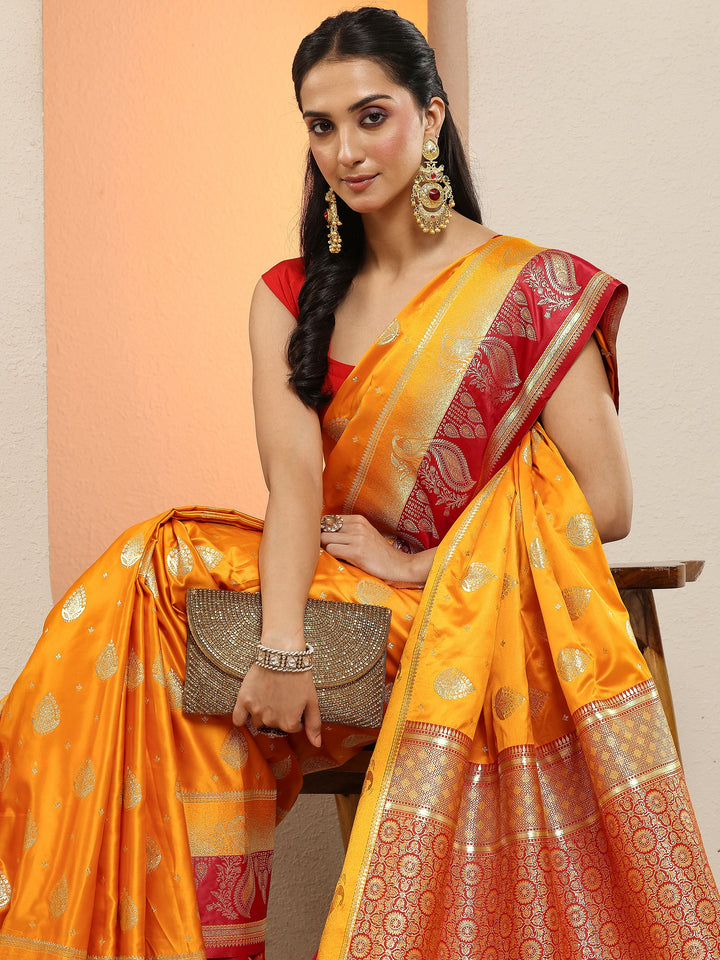 Mustard Woven Design Silk Blend Sarees With Unstitched Blouse Piece
