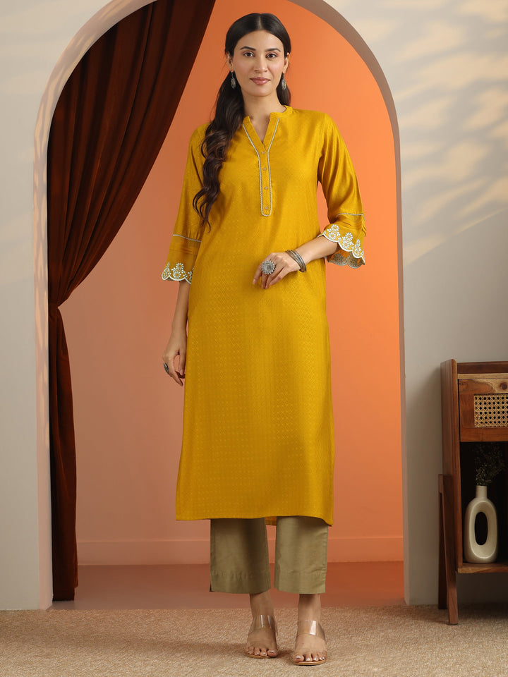 Mustard Woven Design Silk Blend Straight Kurta