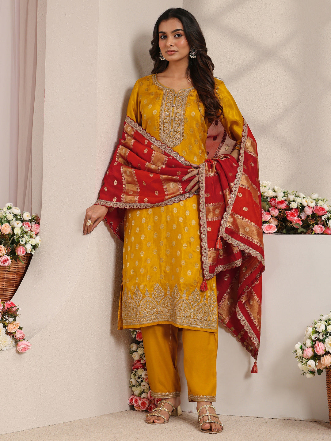 Mustard Woven Design Silk Blend Straight Suit Set With Dupatta