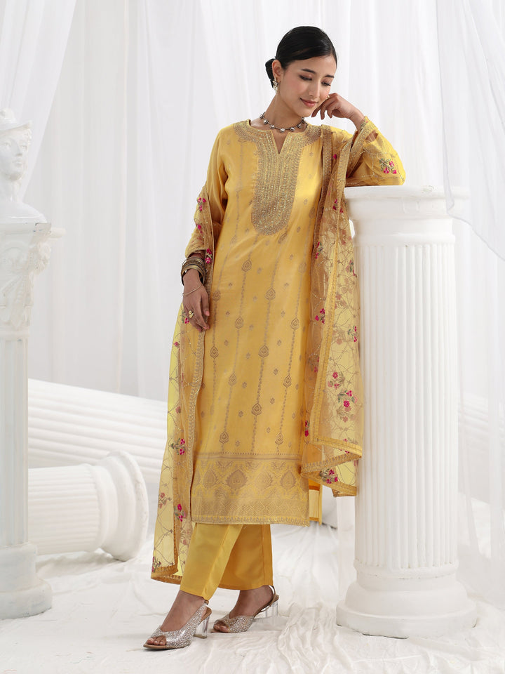 Mustard Woven Design Silk Blend Straight Suit Set With Dupatta