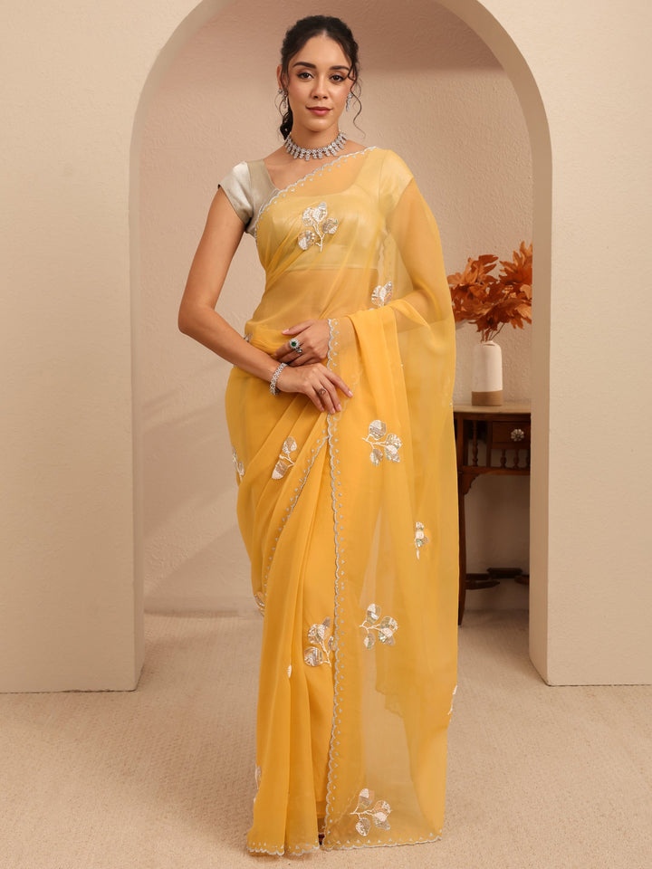 Libas Mustard Yellow Floral Embellished Tissue Saree