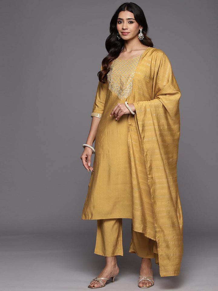 Mustard Yoke Design Silk Blend Straight Suit With Dupatta