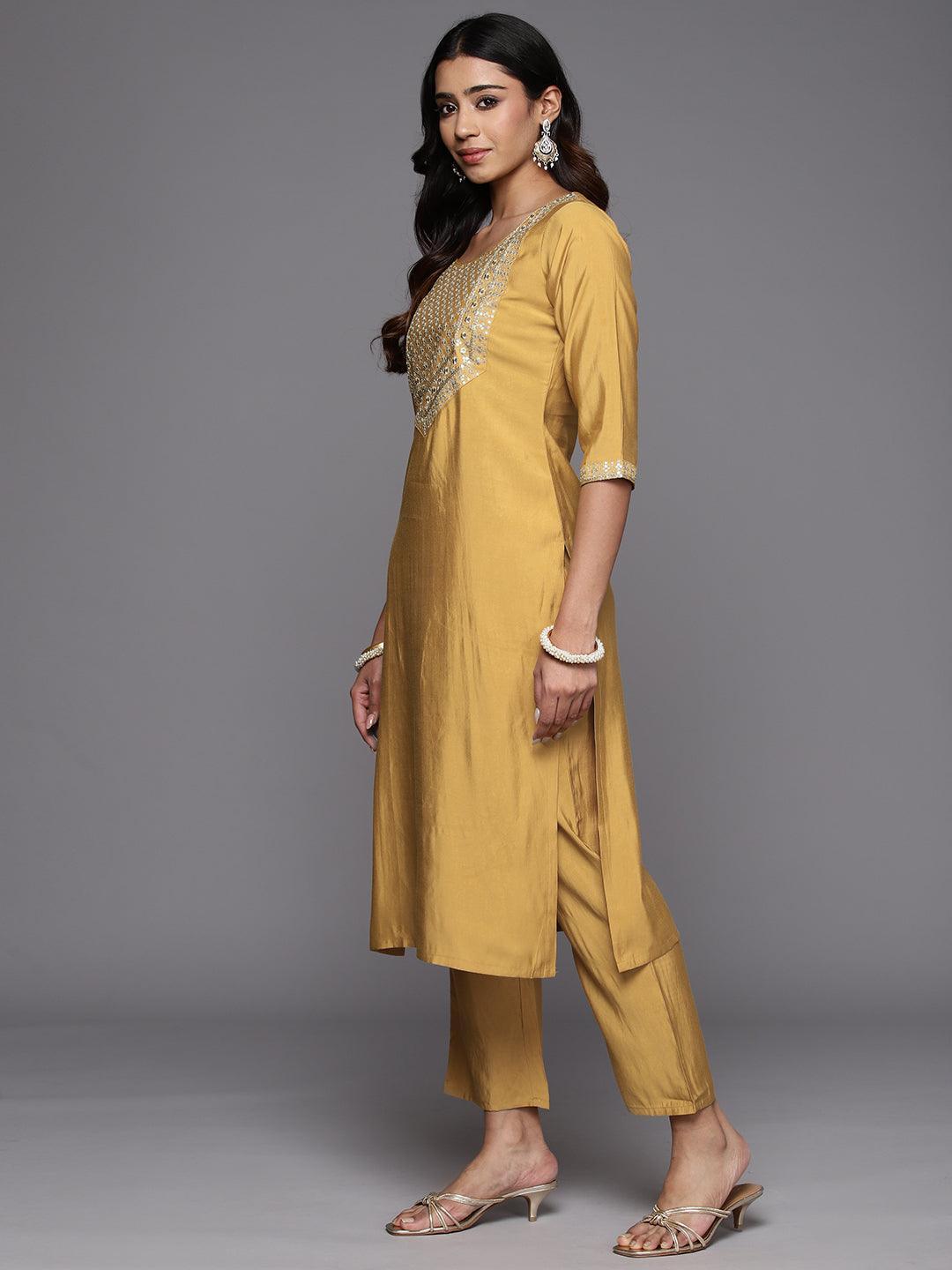 Mustard Yoke Design Silk Blend Straight Kurta With Trousers & Dupatta - Libas 