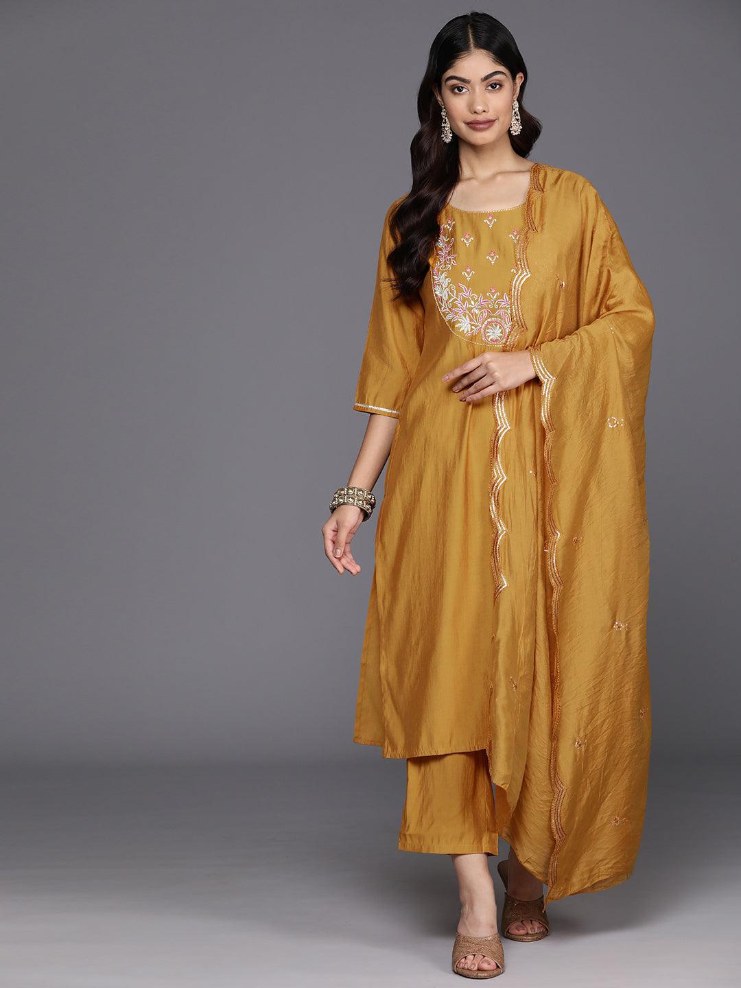 Mustard Yoke Design Silk Blend Straight Kurta With Trousers & Dupatta - Libas 