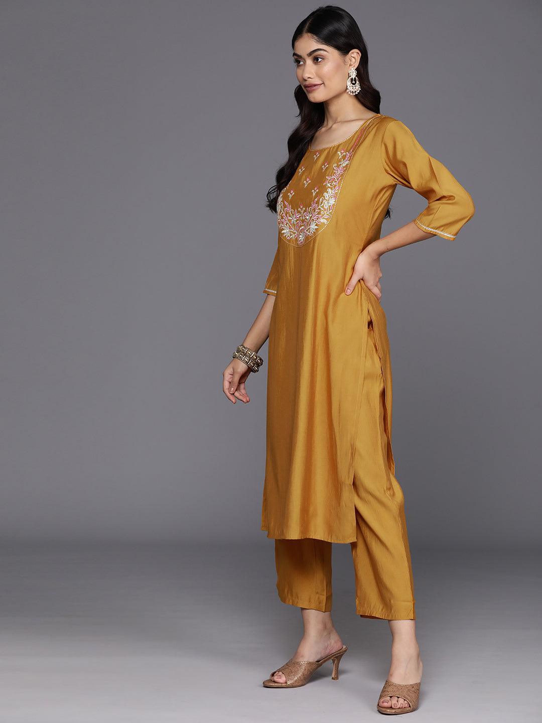 Mustard Yoke Design Silk Blend Straight Kurta With Trousers & Dupatta - Libas 