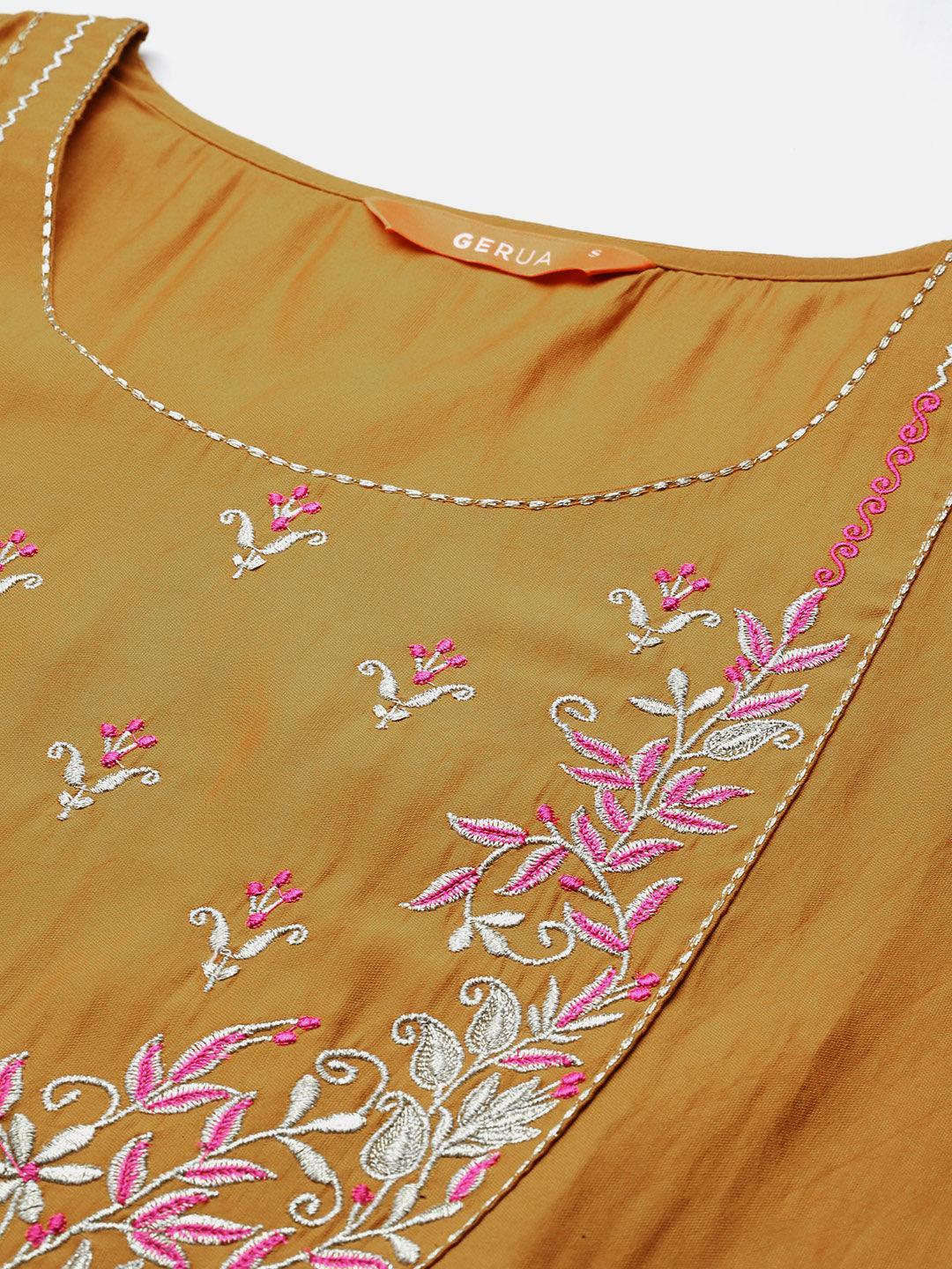 Mustard Yoke Design Silk Blend Straight Kurta With Trousers & Dupatta - Libas 