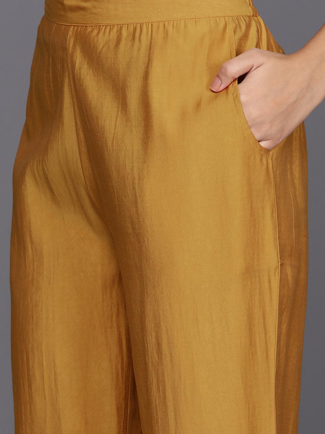 Mustard Yoke Design Silk Blend Straight Kurta With Trousers & Dupatta - Libas 