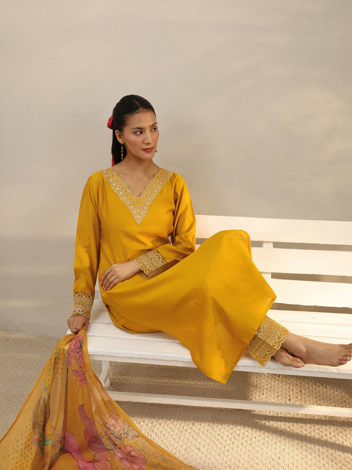 Mustard Yoke Design Silk Blend Straight Suit Set