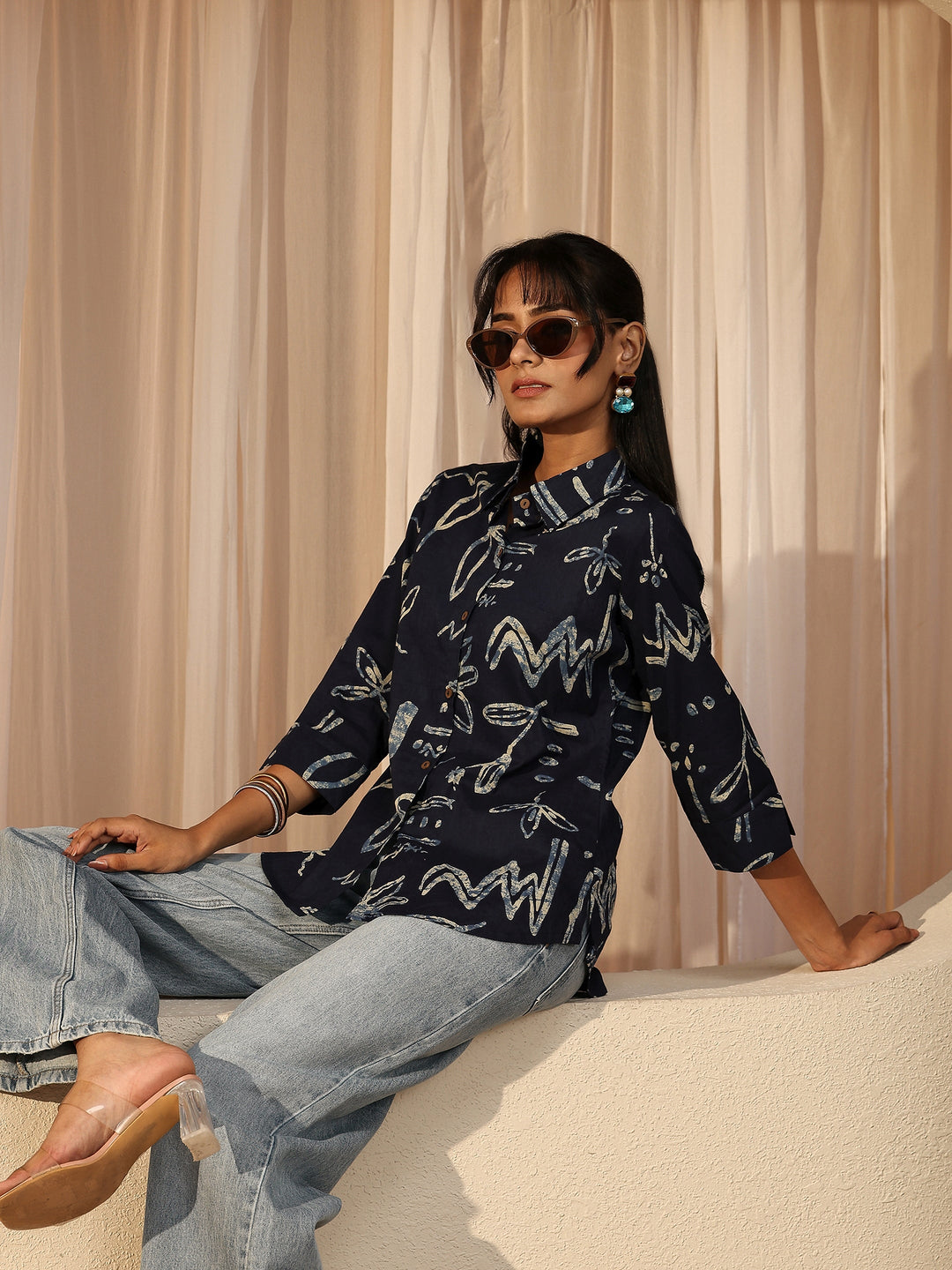 Navy Blue Abstract Printed Cotton Shirt
