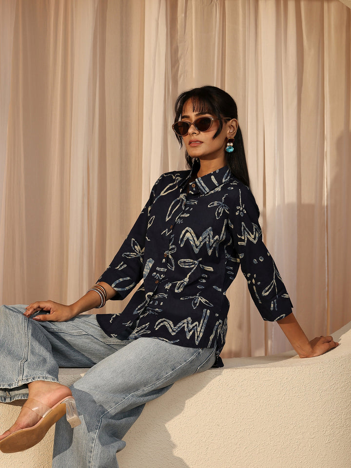 Navy Blue Abstract Printed Cotton Shirt