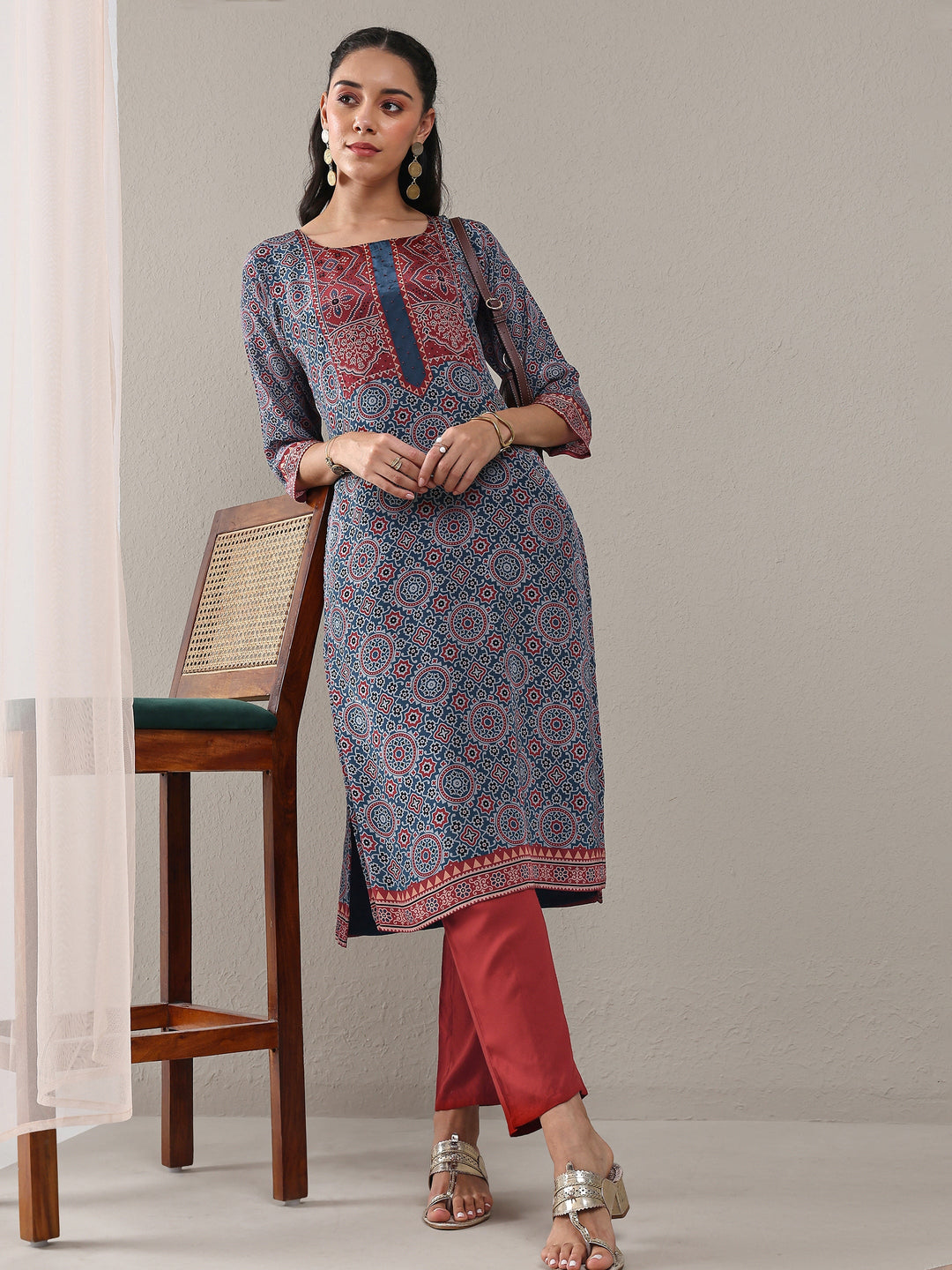 Libas Navy Blue Ajrakh Printed Crepe Straight Kurta