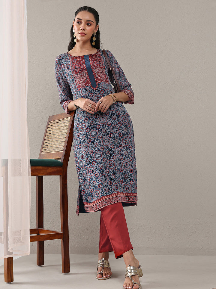 Libas Navy Blue Ajrakh Printed Crepe Straight Kurta