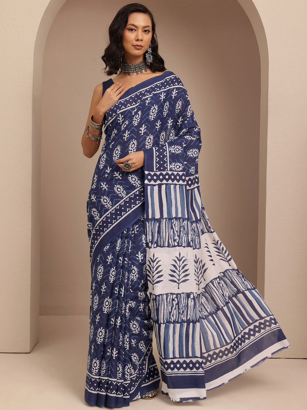 Navy Blue Block Printed Cotton Saree With Unstitched Blouse Piece