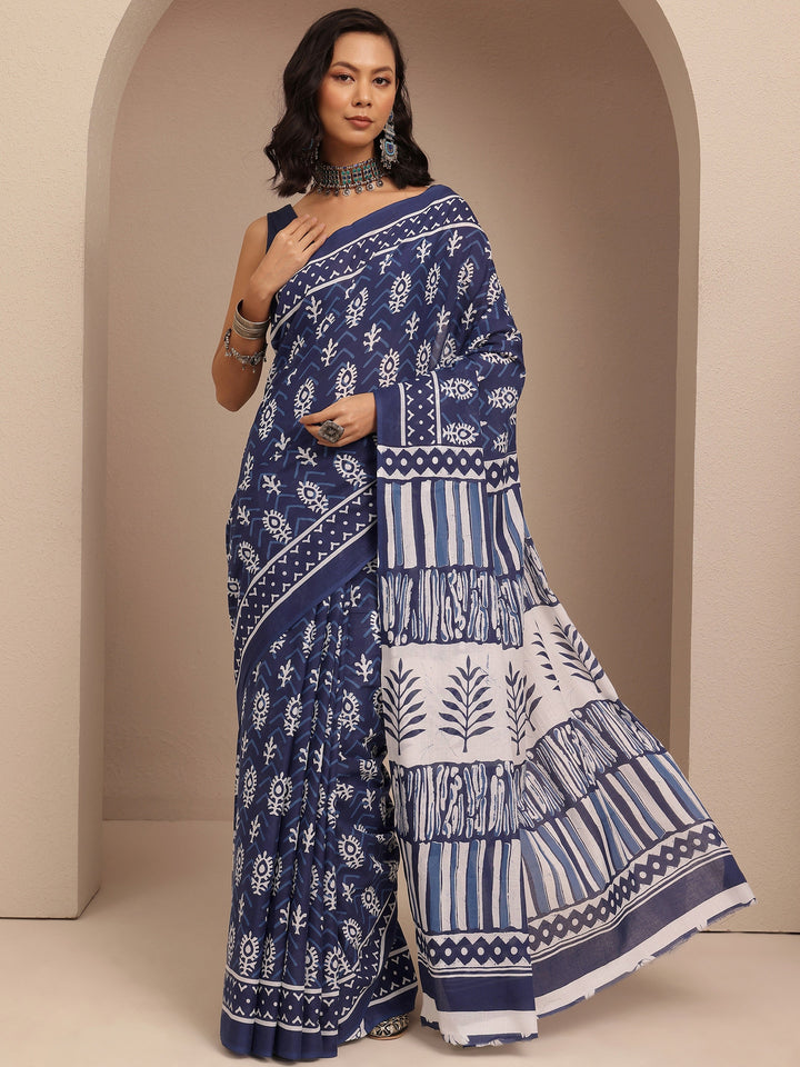 Navy Blue Block Printed Cotton Saree With Unstitched Blouse Piece