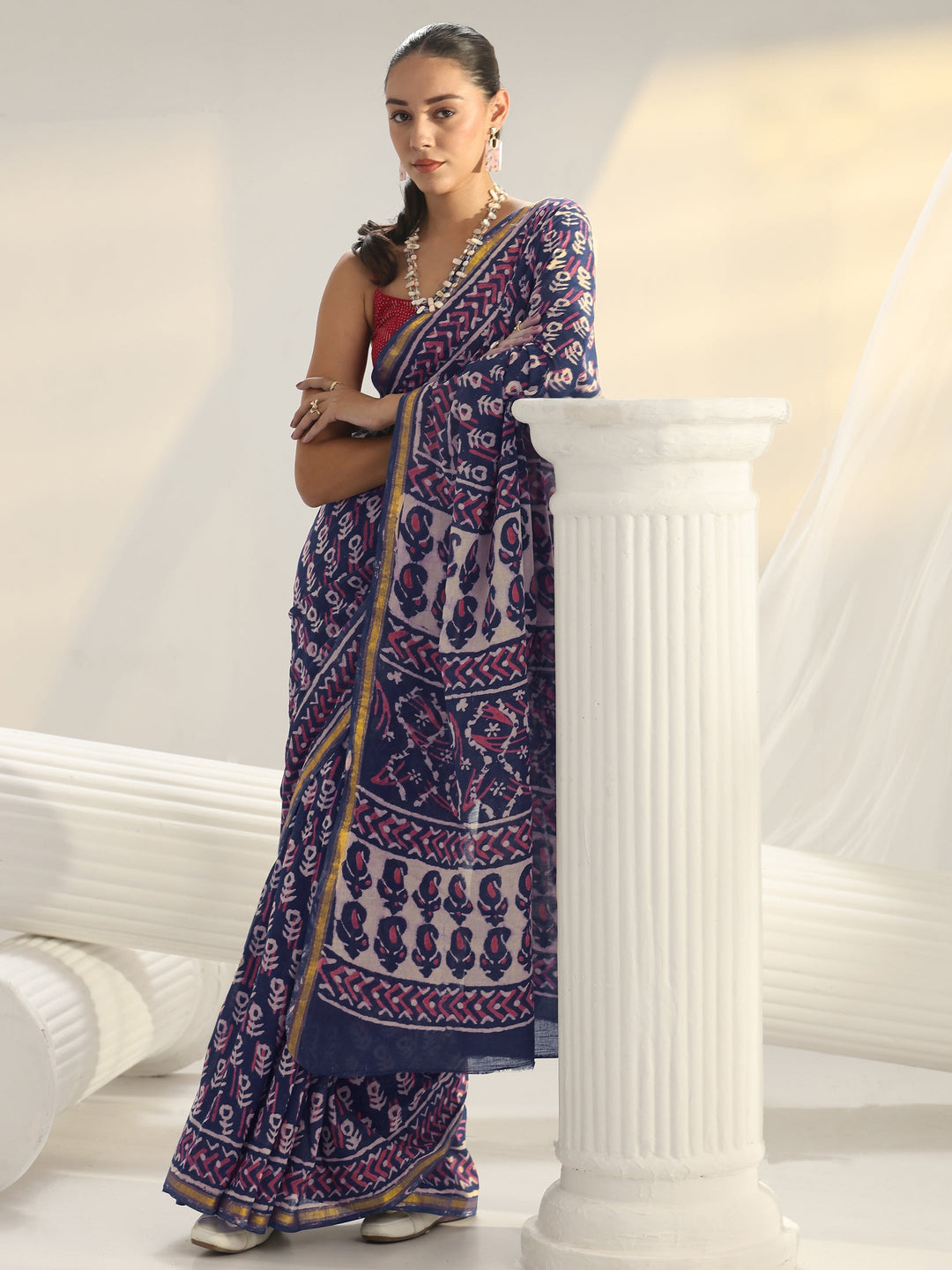 Navy Blue Dabu Print Cotton Saree