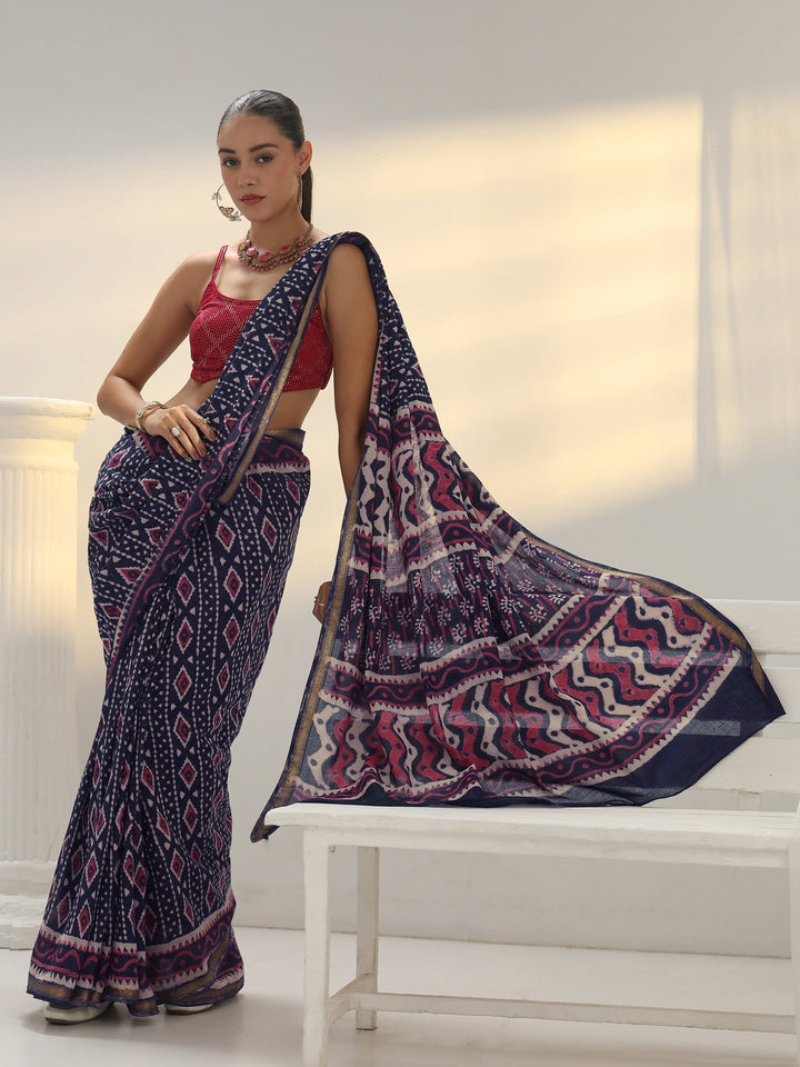 Navy Blue Dabu Print Cotton Saree