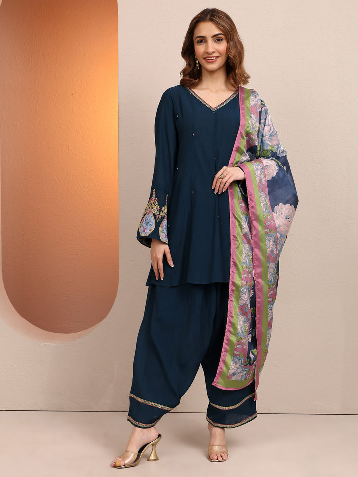 Navy Blue Embellished cotton blend A-line Suit Set With Dupatta