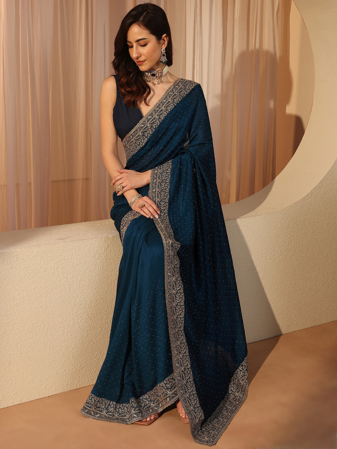 Navy Blue Embellished Silk Blend Saree