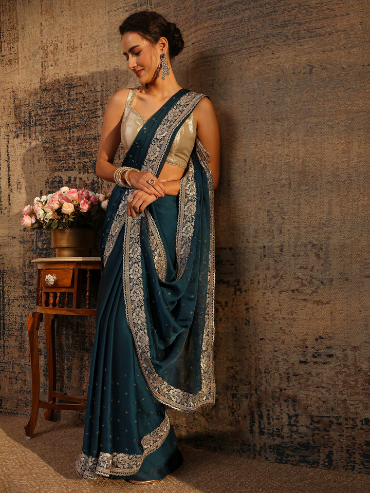 Navy Blue Embellished Silk Blend Saree With Unstitched Blouse Piece